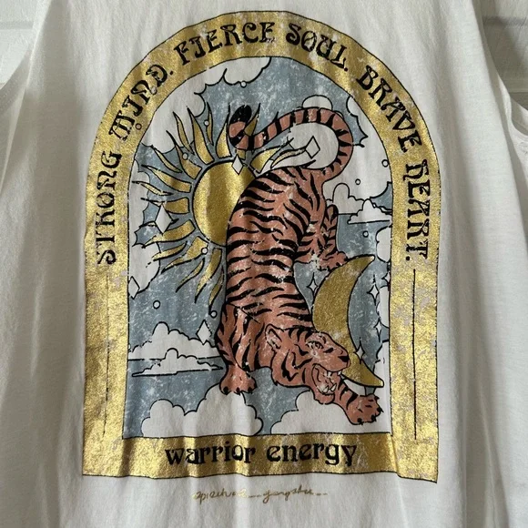 Spiritual Gangster White and gold crew neck tank top with tiger graphic, small - Picture 3 of 6
